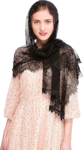 Vista 4 de PAMOR Capilla Velo Español Encaje Floral Mantilla Velos Envoltura Chal Masa Cabeza Cubierta Forma Rectangular