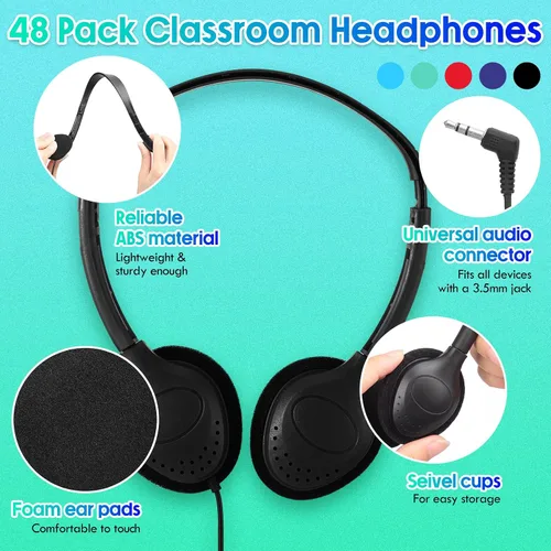 Vista 2 de Frienda Paquete de 48 auriculares para el aula, auriculares escolares con cable para estudiantes, auriculares estéreo con enchufe de 0.138 in