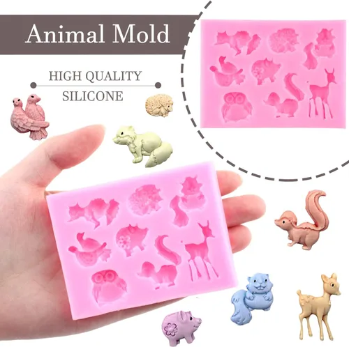 Vista 2 de Mujiang Moldes de silicona para fondant de animales del bosque, gatos, perros, zorros, ardillas, erizo, búho, pájaro, caramelo, para decoración