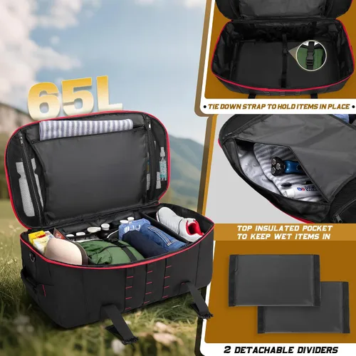 Vista 2 de Bolsa de lona táctica de 65 L con correas de mochila, bolsillo húmedo y divisores desmontables, mochila de lona para viajes, deportes y militares