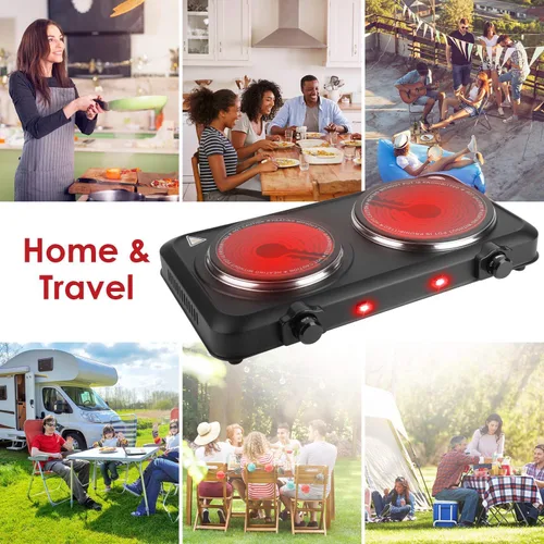 Vista 7 de KOCASO Quemador doble infrarrojo eléctrico, estufa eléctrica de 1800 W para cocinar, placa caliente de calefacción portátil, encimera de vidrio