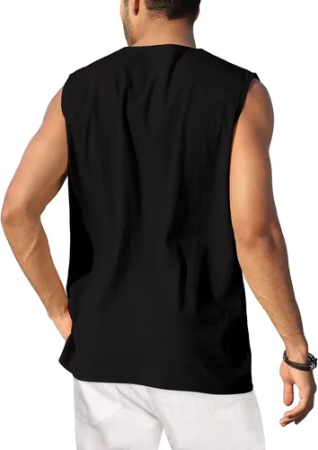 Vista 3 de KUYIGO Camisetas sin mangas de lino y algodón para hombre, estilo casual, con cordones, para playa, hippie