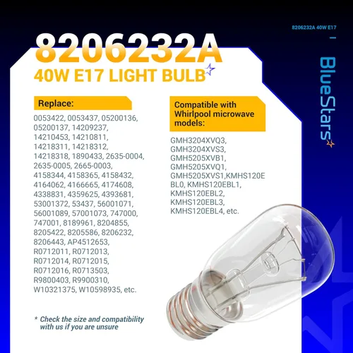 Vista 3 de BlueStars - 2 paquetes de bombilla para horno microondas 8206232A, 40 W, 125 V, base E17, compatible con la bombilla de microondas bajo capó