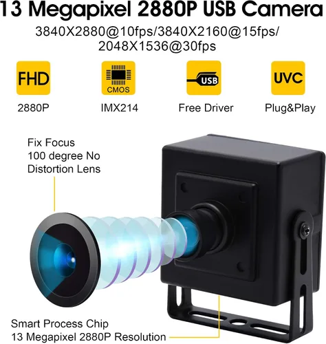 Vista 4 de Cámara USB de gran angular de 13 MP con micrófono para computadora 100 grados sin distorsión lente webcam mini UVC USB2.0 PC cámara industrial video