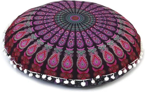 Vista 23 de CRAFT KALA Funda de cojín redonda grande de 32 pulgadas para el suelo bohemio, funda de puf boho, funda de cojín de mandala para meditación, cojines