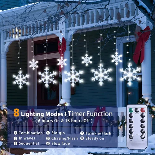Vista 4 de LYUBASA Luces de copo de nieve de Navidad para decoración, 1.6 m, control remoto y temporizador, 8 modos de luz con alimentación por batería, 112