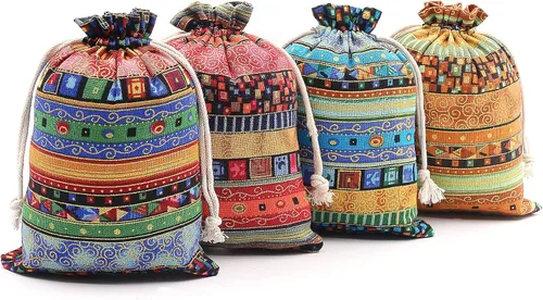 Vista 9 de SumDirect Bolsa de arpillera de lino estilo étnico egipcio, 20 bolsas de regalo de 4 x 6 pulgadas con cordón, bolsas de algodón reutilizables