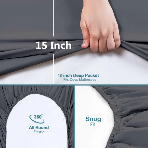 Vista 5 de Way Fair - Juego de sábanas de 4 piezas, tamaño Queen (60 x 80 pulgadas), color gris oscuro, 100% algodón egipcio, sábanas refrescantes de 600 Gris