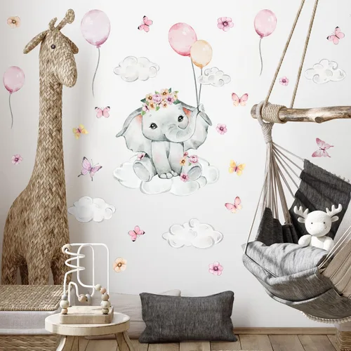 Vista 5 de Lindas calcomanías de pared de elefante rosa, calcomanías de pared de elefante rosa acuarela, calcomanía de pared de globo de acuarela, calcomanía