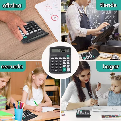 Vista 7 de Calculadora de escritorio, calculadora negra con botones grandes, pantalla LCD grande de 12 dígitos, batería solar y AA de doble potencia