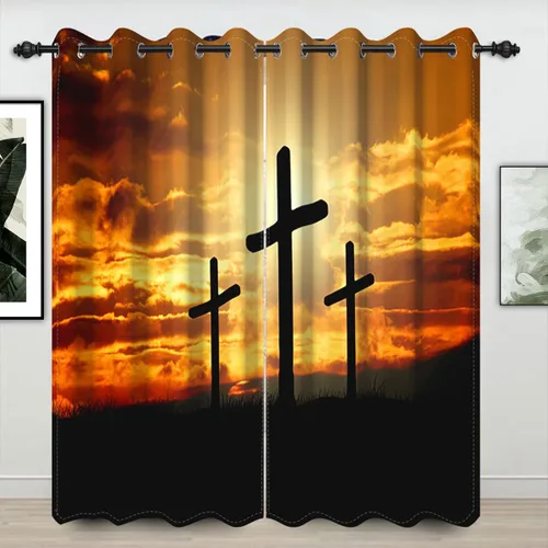 Vista 5 de Cortinas opacas con cruz de Jesús para ventana, puesta de sol, montaña, estilo cristianismo, juego de 2 paneles para sala de estar, dormitorio