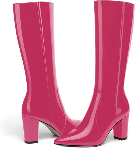 Vista 139 de AMBELIGHT Botas altas hasta la rodilla con cremallera y puntera puntiaguda para mujer, de patente sólida, tacón alto, 3.3 pulgadas