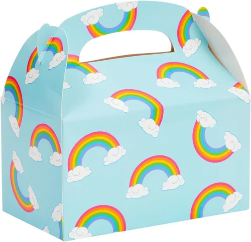 Vista 3 de Blue Panda Paquete de 24 cajas de recuerdos de fiesta a dos aguas de arco iris, caja a dos aguas fácil de desplegar con asa incorporada, bolsas