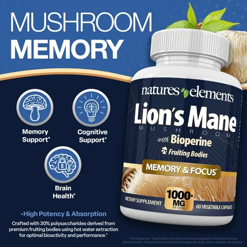 Vista 4 de Natures Elements Hongo melena de león con BioPerine – Extracto 10:1 – 1000 mg melena de león + 10 mg de bioperina – 30% polisacáridos – 60 cápsulas
