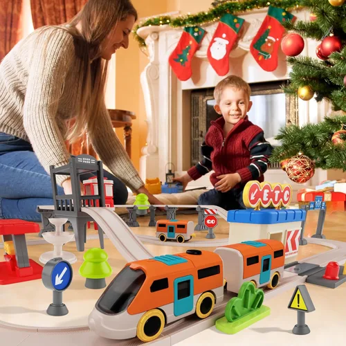 Vista 7 de Juego de tren urbano para niños, 55 piezas de tren eléctrico simulado sistema de transporte urbano, juguetes educativos para niños pequeños, regalos