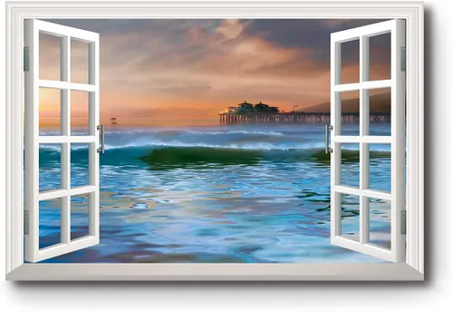 Vista 31 de Renditions Gallery Impresiones de pared de naturaleza para decoración de ventana para el hogar Inundado en la playa de arena, lienzo colgante