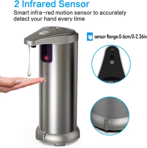 Vista 2 de Dispensador de jabón automático infrarrojo, dispensador de jabón sin contacto de acero inoxidable para baño, cocina, hotel, restaurante. 4 pilas AAA
