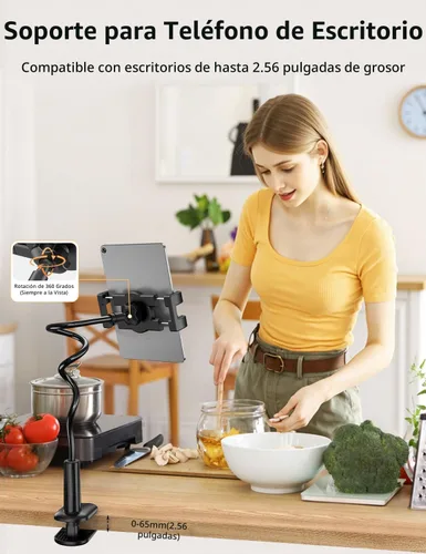 Vista 4 de bokilino Soporte para tablet de cuello de cisne para cama, ajustable, flexible, de brazo largo, abrazadera de montaje en la mesa, compatible