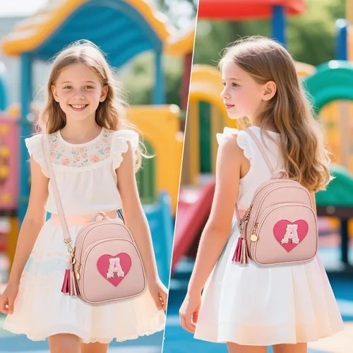 Vista 4 de Mini mochila inicial para niñas, linda mochila pequeña con corazón para niños, con borla, regalos personalizados para adolescentes y mujeres, Rosa, A