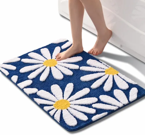 Vista 9 de QJHOMO Alfombra de baño beige con diseño de margaritas, decoración de flores blancas y amarillas, alfombra antideslizante de microfibra, súper