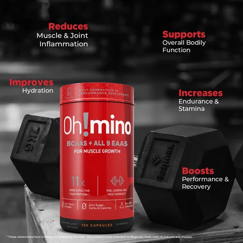 Vista 3 de Oh!mino Ohmino - Suplemento de aminoácidos esenciales, cápsulas con cafeína, los 9 EAA, BCAA, el aminoácido perfecto para entrenamientos, energía