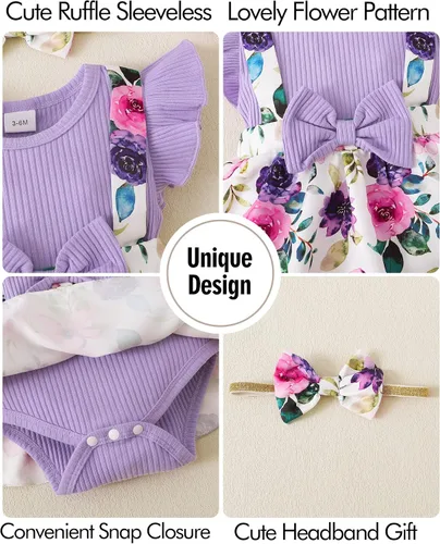 Vista 4 de HIGHUZZA Newborn Baby Girl Clothes Infant Dress Outfit Summer Romper Jumpsuit Headband Overall Skirt Clothing Set