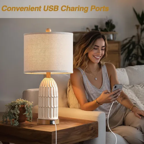 Vista 3 de Touch Table Lamp for Bedroom Nightstand, Cream Farmhouse Vintage Rustic 3-Way Dimmable Bedside Lamps with 2 USB Charging Ports,Single Cream