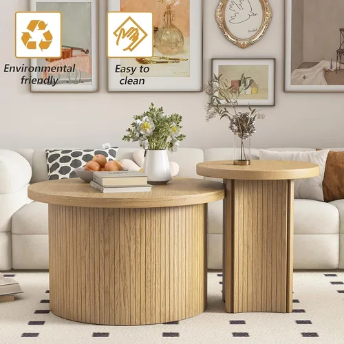 Vista 4 de Mxtxmy Juego de 2 Mesas de Café Anidadas de Estilo Granja, Mesa de Café Redonda para Sala de Estar, Juego de Mesas de Café con Acabado de Madera