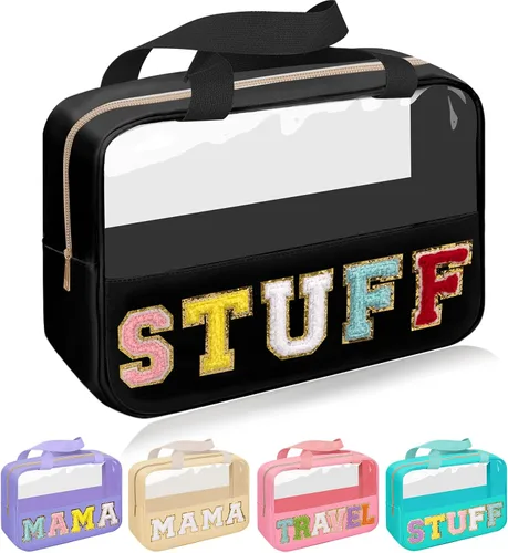 Vista 15 de Iqimott Bolsa de bebé con parche de letras de chenilla, bolsa de cosméticos transparente para maquillaje, bolsa grande de almacenamiento