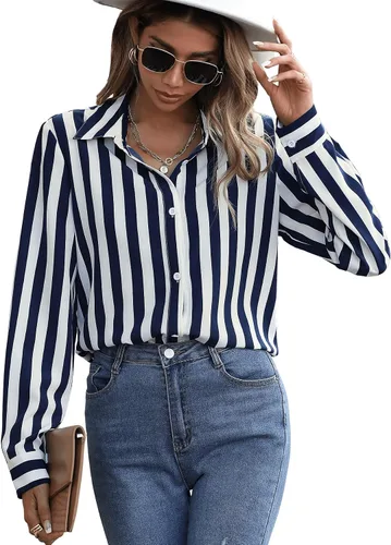 Vista 5 de SweatyRocks Blusa casual de manga larga con cuello frontal y botones a rayas para mujer