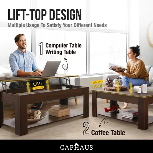 Vista 5 de CAPHAUS Mesa auxiliar elevable con almacenamiento y compartimento oculto, mesa elevadora para sala de estar, estante inferior abierto, 41 pulgadas