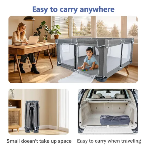 Vista 6 de Corralito plegable para bebés de 59"x71", corralito para bebés y niños pequeños con alfombra, corralito plegable con puerta, área