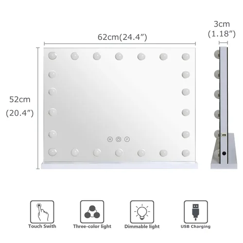 Vista 7 de Espejo de tocador de maquillaje con luces, 10 x grandes con 22 bombillas LED regulables, 3 modos de color, control táctil para dormitorio, mesa