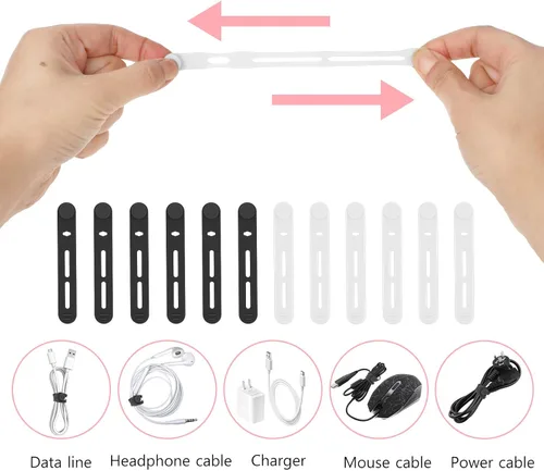Vista 6 de Molain Sujetacables reutilizables, 20 correas de cable multifuncionales de silicona ajustables, organizador de cables para cables de carga