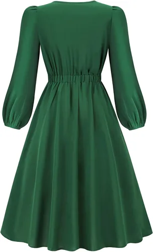 Vista 7 de Vestidos de otoño para mujer, color liso, cuello redondo, acampanado, manga larga, vestido midi