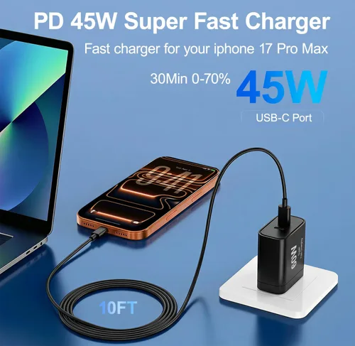 Vista 3 de Cargador para iPhone 17, 45 W de carga rápida USB C de doble puerto con cable de carga tipo C de 3/6/10/10 pies, adaptador rápido PD 3.0 para iPhone