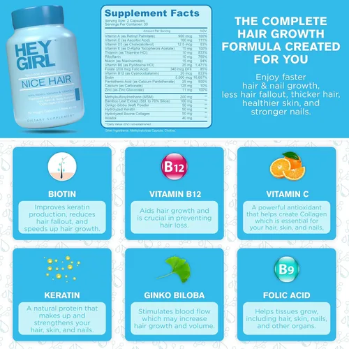 Vista 3 de Vitaminas para el cabello para ayudar a adelgazar y caer – Suplemento capilar para hacer crecer el cabello más rápido, más fuerte y tener una piel