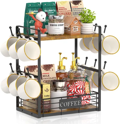 Vista 16 de EsLuker.ly Soporte para tazas de café, organizador de estación de barra de árbol, soporte para tazas de 2 niveles para encimera de cocina, estante