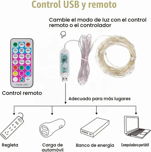 Vista 8 de Minetom - Guirnalda de luces que cambian de color, 33 pies, 100 luces LED con control remoto USB Fairy Lights Indoor with 11 Modes, Twinkle