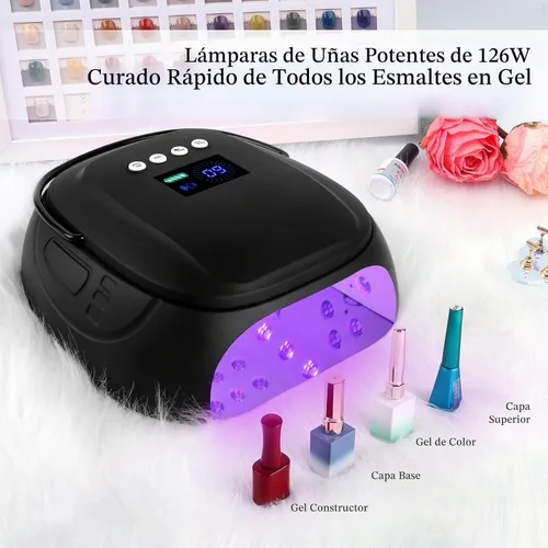 Vista 9 de Lámpara de uñas LED UV recargable de 126 W, secador de uñas inalámbrico portátil con sensor automático y 4 ajustes de temporizador, lámpara de Negro