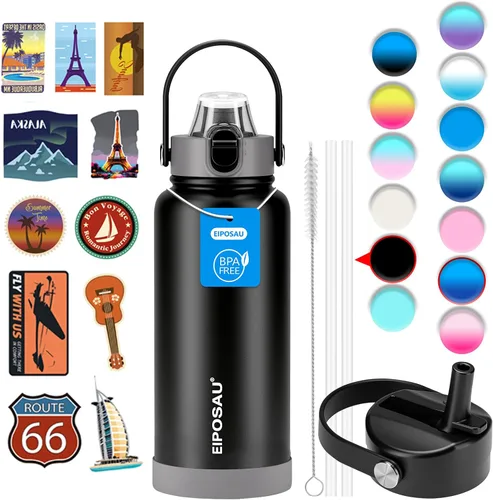 Vista 21 de Botella de agua aislada con tapa, bota y calcomanías, botella de acero inoxidable de 24 onzas, sin sudor, mantiene el frío las 24 horas, botella