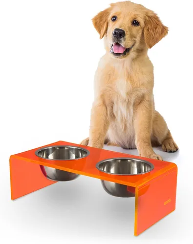 Vista 27 de DBL2000B Keaton - Comedero rectangular elevado moderno de lucita para mascotas de 5 pulgadas, tamaño pequeño/mediano, con 2 cuencos de acero