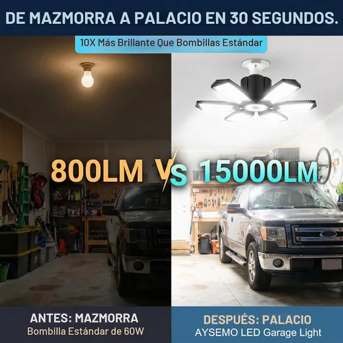 Vista 2 de Bombilla LED para garaje AYSEMO de 15000 lm - Luces LED de techo ajustables en 360° con 6+1 paneles deformables, 6500 K de luz diurna, base