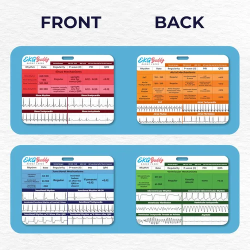Vista 2 de Set de 5 tarjetas de interpretación de ECG de EKG Buddy - Tarjetas de ECG para enfermeras doble cara, guía de ritmo, hoja de trampa de ECG, tiras