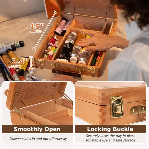 Vista 5 de DJAR Caballete de Mesa para Pintura, Caja de Bocetos de Madera de Haya Sólida Ajustable Caballete de Arte de Escritorio, Caja de Almacenamiento