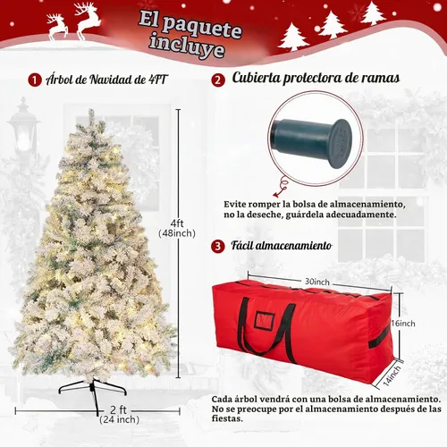 Vista 4 de Árbol de Navidad artificial preiluminado flocado de 4 pies, árbol de Navidad Fake Tree with 150 Lights/450 Branch Tips,Premium Spruce Xmas Tree