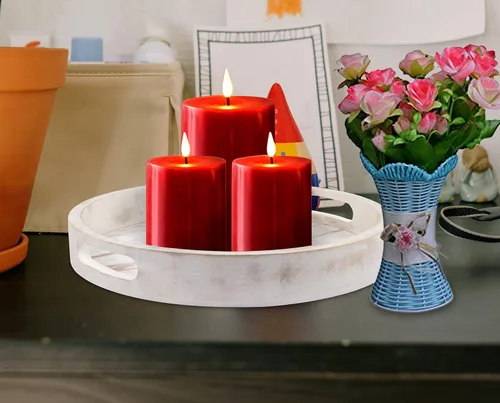 Vista 3 de Bandeja decorativa para mesa de café, juego de 2 bandejas redondas de madera para sala de estar, otomana de madera o mesa auxiliar, bandeja