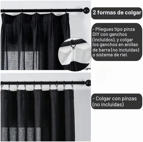 Vista 2 de Plisados de lino sintético negro semi traslúcidos de 84 pulgadas