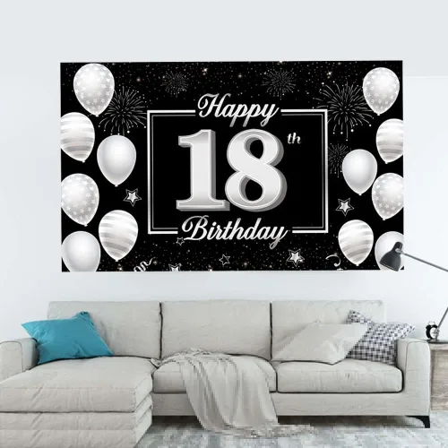 Vista 3 de Cartel de fondo de cumpleaños número 18, decoración de fiesta plateada y negra para niños y niñas, fondo de cabina de fotos