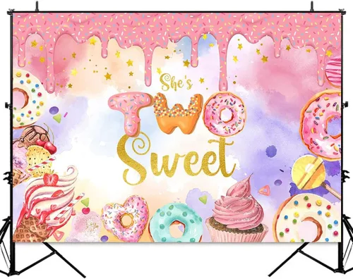 Vista 2 de Sensfun Donut Two Sweet Birthday - Telón de fondo para niñas, decoración de fiesta de segundo cumpleaños, fondo de fotografía, dona, helado
